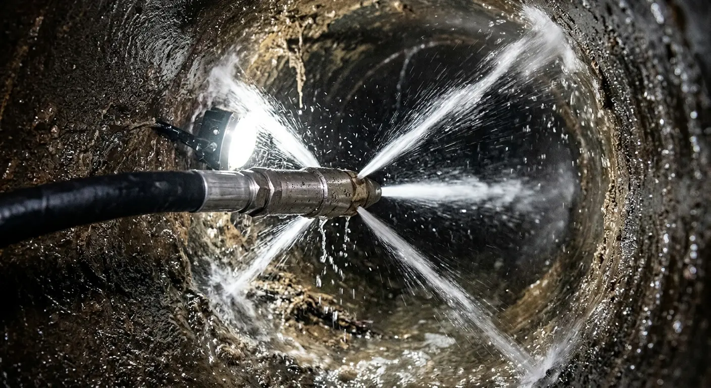 High-pressure hydro jetting nozzle cleaning sewer pipe for Trenchless Sewer Repair in Shorewood